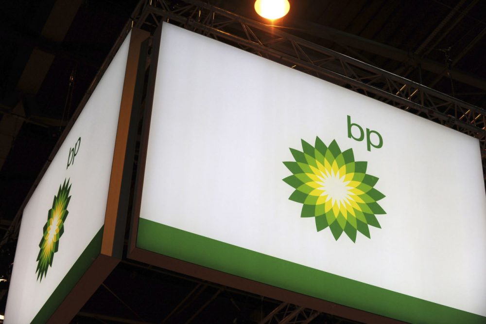 A picture shows the logo of British energy giant BP during the World Gas Conference exhibition in Paris on June 2, 2015. (Eric Piermont/AFP/Getty Images)