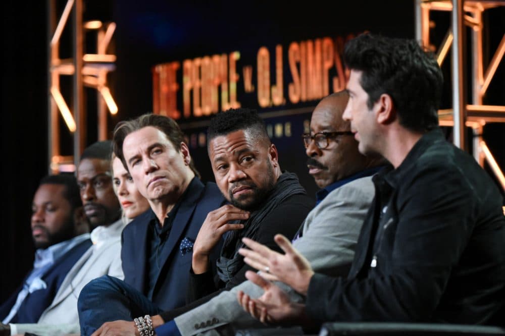 From left: Actors Malcolm-Jamal Warner, Sterling K. Brown, Sarah Paulson, John Travolta, Cuba Gooding Jr., Courtney B. Vance and David Schwinner participate in &quot;The People v. O.J. Simpson&quot; panel at the FX Networks Winter TCA on Saturday, Jan. 16, 2016, in Pasadena, Calif. (Richard Shotwell/Invision/AP)
