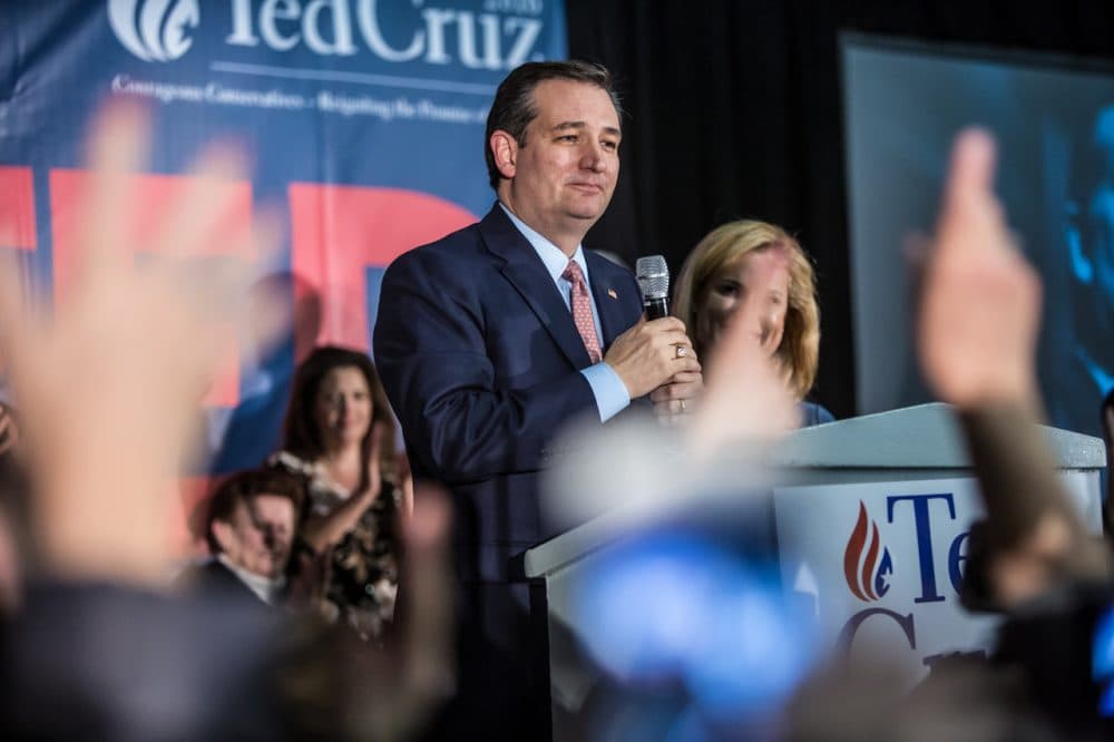 Republican presidential candidate Sen. Ted Cruz (R-TX), pictured here speaking at a rally  on February 1, 2016 in Des Moines, Iowa, has called on patrolling Muslim neighborhoods in the wake of the Brussels attacks. (Brendan Hoffman/Getty Images)
