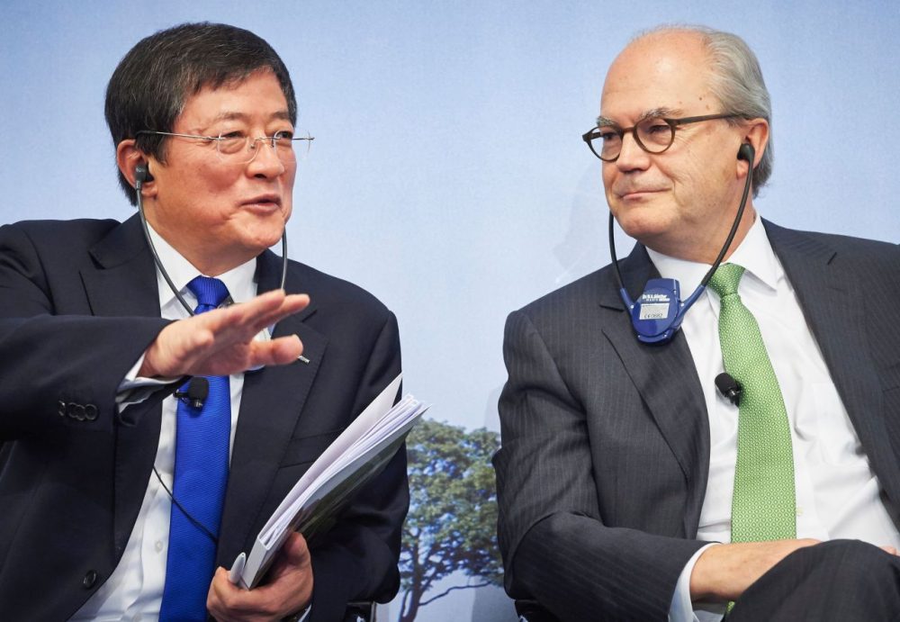 Chinese Ren Jianxin (Left), Chairman of ChemChina gestures next to Michel Demare, Chairman of Swiss farm chemicals giant Syngenta during a press conference to present Syngenta's annual results at the company's headquarters in Basel on February 3, 2016
State-owned China National Chemical Corp on February 3, 2016 offered $43 billion in an agreed takeover for Swiss pesticide and seed giant Syngenta, in what would be by far the biggest-ever overseas acquisition by a Chinese firm.     ( MICHAEL BUHOLZER/AFP/Getty Images)
