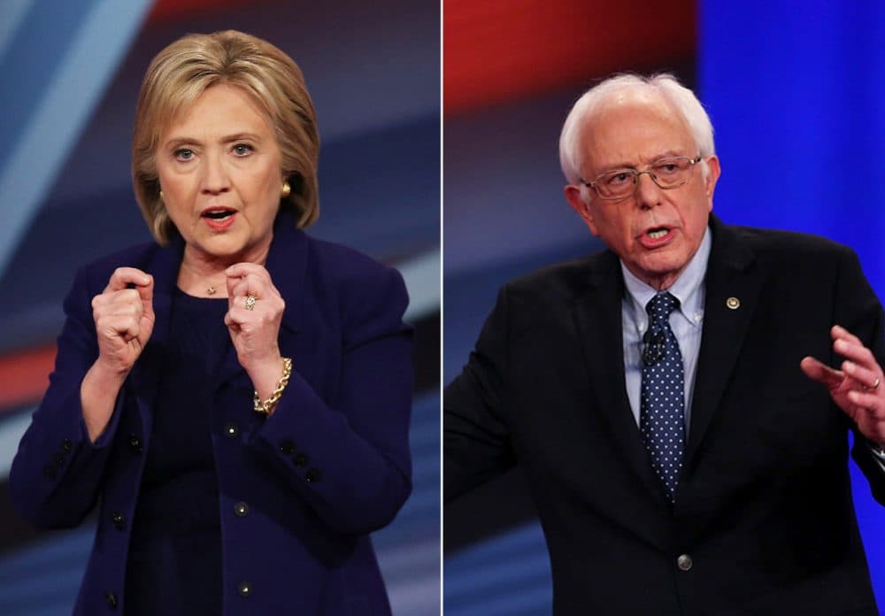 Democratic presidential candidates Hillary Clinton (left) and Bernie Sanders (right) take part in the Democratic Presidential Town Hall  hosted by CNN and the New Hampshire Democratic Party at the Derry Opera House on February 3, 2016 in Derry, New Hampshire. (Justin Sullivan, Joe Raedle /Getty Images)