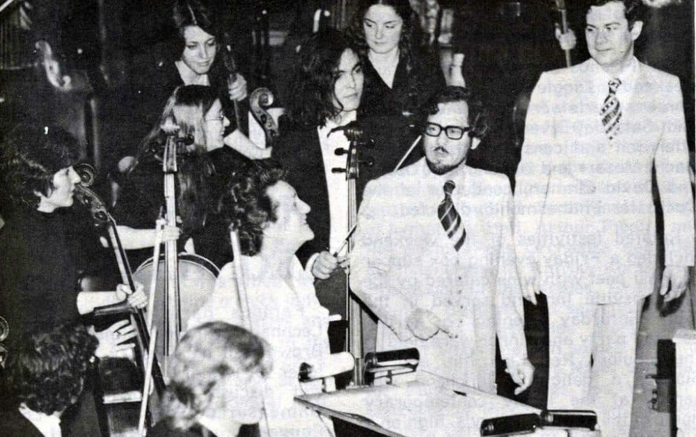 American Music Festival held at New England Conservatory in 1975. Lorna Cooke deVaron, conductor of the NEC chorus, Donald Martino, chairman of the composition department and composer of the 'Paradiso Choruses' and Richard Pittman, conductor of the NEC repertory orchestra. (New England Conservatory/Flickr)