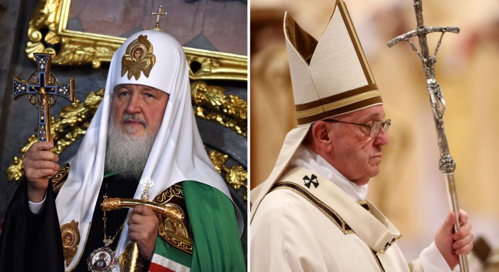At left, the head of the Russian Orthodox Church, Patriarch Kirill is pictured on November 14, 2014 at Belgrade's cathedral. At right, Pope Francis arrives at St. Peter's Basilica for the Christmas Night Mass on December 24, 2015. (Andrej Isakovic, Franco Origlia/Getty Images)
