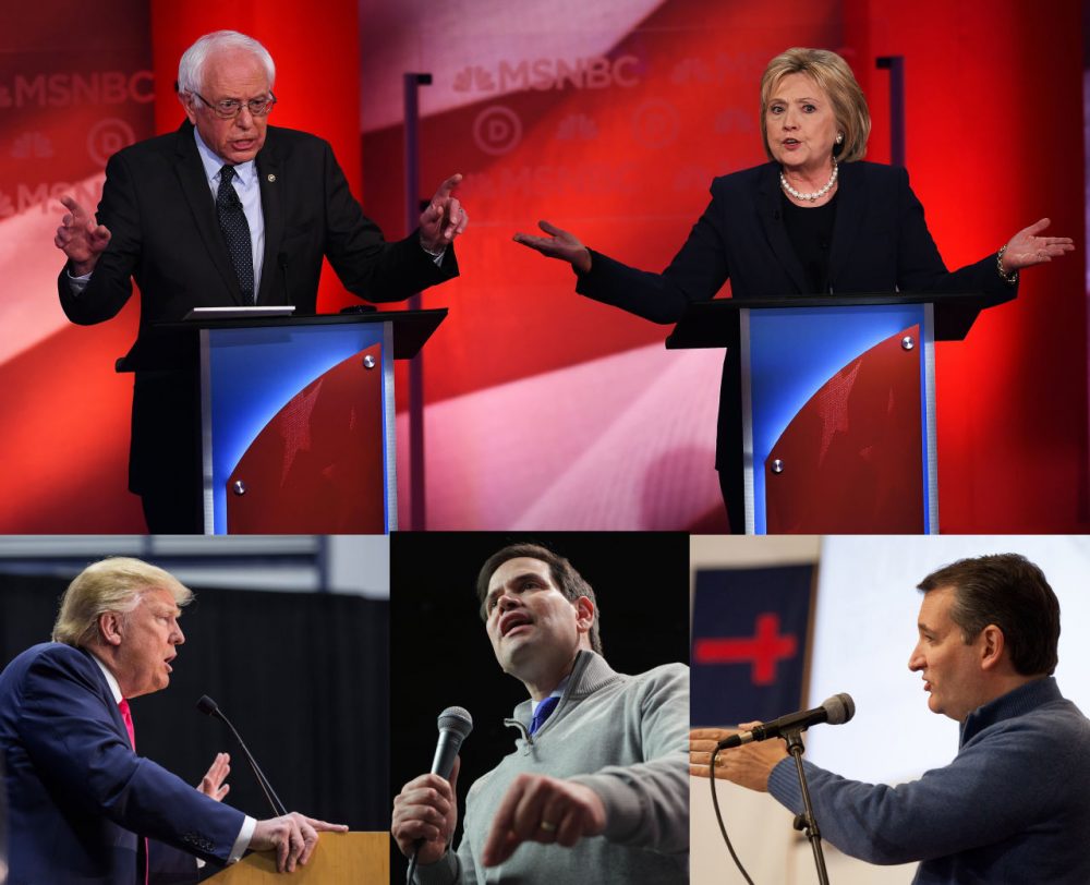 Candidates from both parties try to sway New Hampshire voters before the February 9th primary contests. (Photos, clockwise from the top, by Jewel Samad, Matthew Cavanaugh, Andrew Burton and Chip Somodevilla/Getty Images)