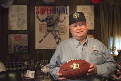 Don Crisman has been to every Super Bowl game since they began in 1967.   (Jesse Costa/WBUR)
