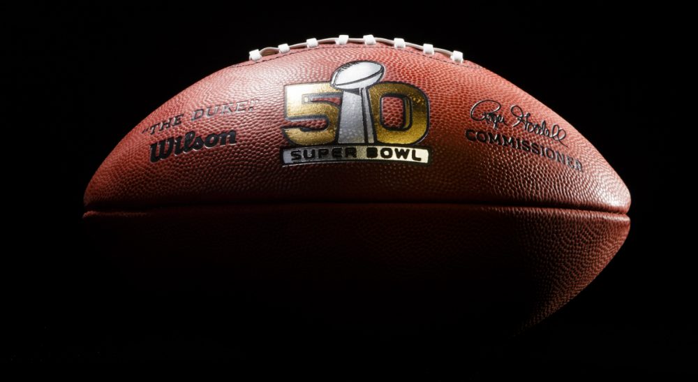 Pictured, an official game ball for the NFL Super Bowl 50 football game. The Denver Broncos will play the Carolina Panthers on Feb. 7, 2016 in Santa Clara, CA. (Rick Osentoski/ AP)
