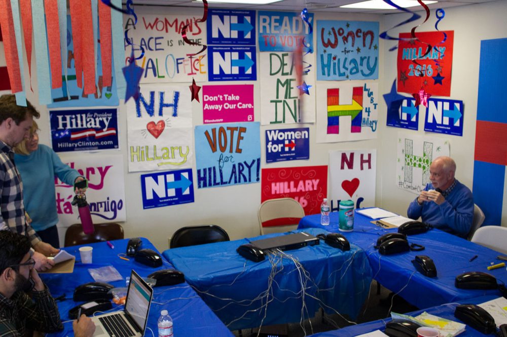 In a small state like New Hampshire, where do you hang the &quot;Help Wanted&quot; sign for the many bodies you need to help you in your bid for the White House? Next door in Massachusetts of course, where we regularly produce campaign volunteers. Pictured here, volunteers make calls at the Clinton campaign field office in Portsmouth, New Hampshire. (Hadley Green for WBUR)