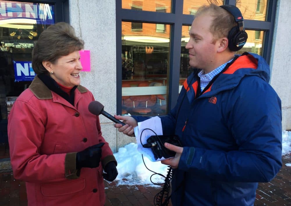 Jeremy Hobson made a stop in Exeter, New Hampshire to speak with Sen. Jeanne Shaheen. Shaheen was in town to speak with Hillary Clinton supporters who were getting ready to volunteer to get the word out about their candidate ahead of Tuesday’s primary. (Mary Dooe/Here &amp; Now) 