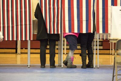 Voting booths in Bedford High School in Bedford, N.H. (Jesse Costa/WBUR)