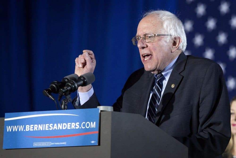 Democrat Bernie Sanders delivers his New Hampshire primary victory speech in Concord. (Robin Lubbock/WBUR)