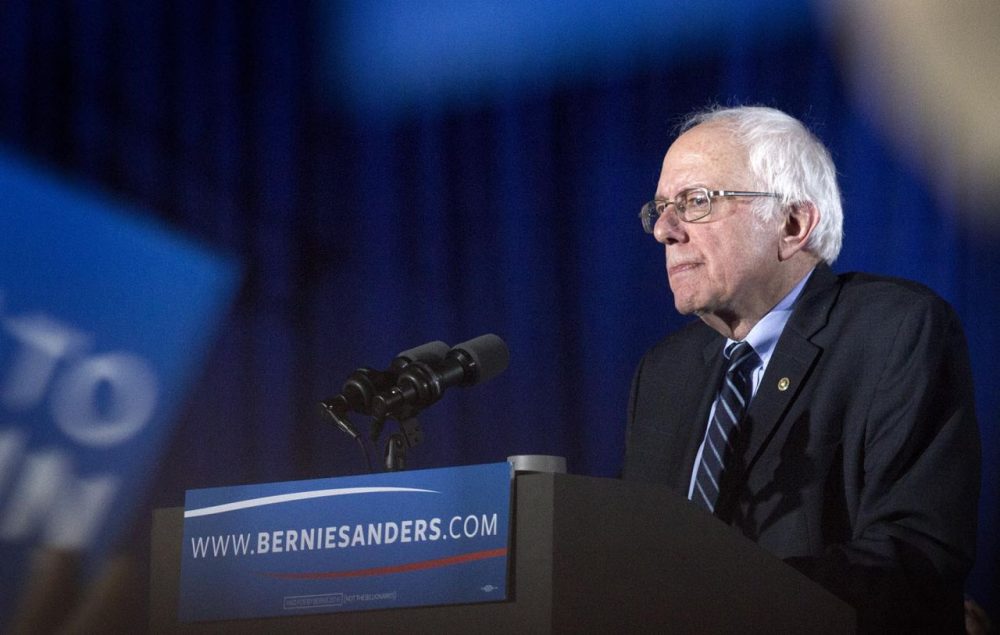 Bernie Sanders makes his victory speech in Concord, NH. (Robin Lubbock/WBUR)