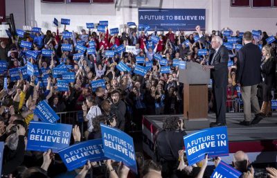 Democrat Bernie Sanders addresses his supporters after winning the New Hampshire primary. (Robin Lubbock/WBUR)
