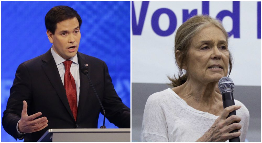 L: Sen. Marco Rubio is pictured during a Republican presidential primary debate, Feb. 6, 2016, in Manchester, N.H. R: Activist Gloria Steinem speaks in Beijing, China, May 19, 2015. (Both photos, AP)