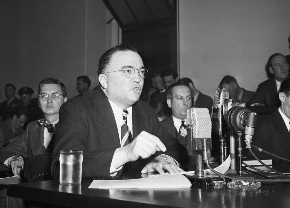 J. Edger Hoover, director of the Federal Bureau of investigation, calls the communist party of the United States a &quot;fifth column&quot; whose &quot;goal is the overthrow of our government&quot; as he testifies in Washington in 1947 before the House Un-American activities committee. (AP)