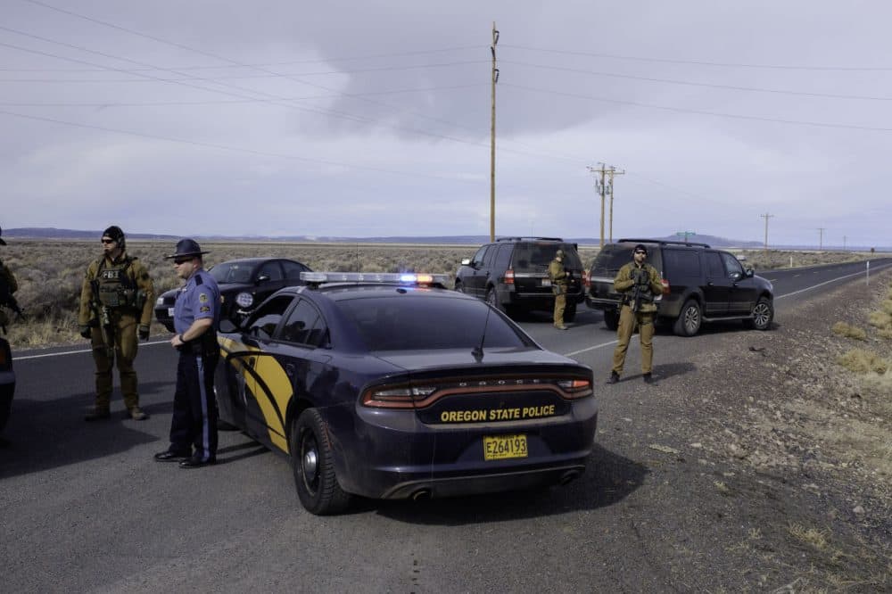 The FBI and Oregon State Police temporarily close a stretch of road near the Malheur Wildlife Refuge Headquarters near Burns, Oregon, on February 11, 2016. 
The FBI surrounded the last protesters holed up at a federal wildlife refuge in Oregon amid reports they will surrender on Thursday, suggesting the weeks-long armed siege is approaching a climax. (Rob Kerr/AFP/Getty Images)