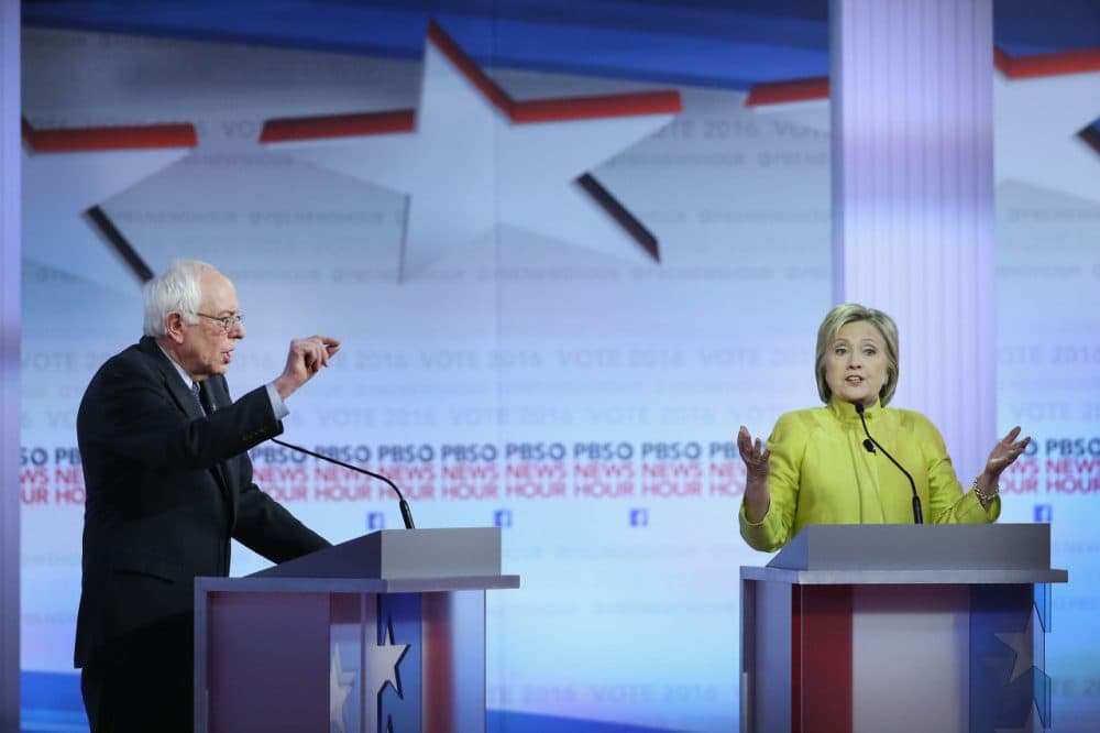 Democratic presidential candidates Senator Bernie Sanders (left) and Hillary Clinton participate in the PBS NewsHour Democratic presidential candidate debate at the University of Wisconsin-Milwaukee on February 11, 2016 in Milwaukee, Wisconsin.The debate is the final debate before the Nevada caucuses scheduled for February 20.  (Win McNamee/Getty Images)