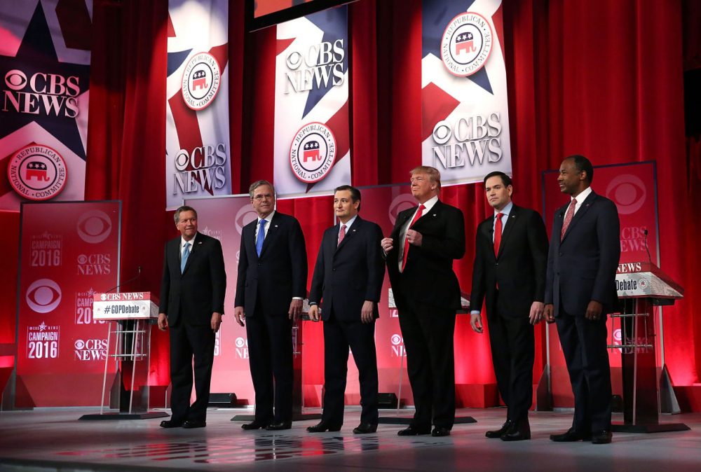 Republican presidential candidates (L-R) Ohio Governor John Kasich, Jeb Bush, Sen. Ted Cruz (R-TX), Donald Trump, Sen. Marco Rubio (R-FL) and Ben Carson stand on stage during a CBS News GOP Debate February 13, 2016 at the Peace Center in Greenville, South Carolina. Residents of South Carolina will vote for the Republican candidate at the primary on February 20.  (Spencer Platt/Getty Images)