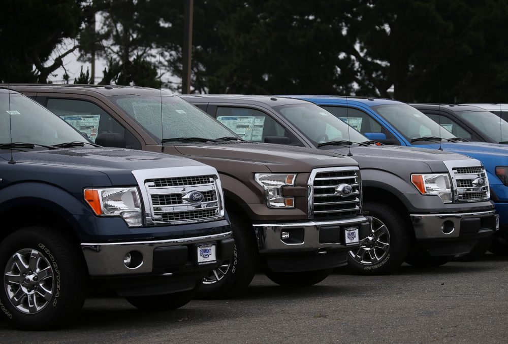 New Ford F-150 pickups are displayed on the sales lot at Serramonte Ford on April 28, 2015 in Colma, California. (Justin Sullivan/Getty Images)