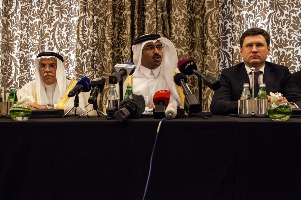 Qatar's Minister of Energy and Industry Mohammed Saleh al-Sada (center),Saudi Arabia's minister of Oil and Mineral Resources Ali al-Naimi (left), and Russia's Energy Minister Alexander Novak (right) attend a press conference on February 16, 2016, in the Qatari capital Doha. Energy giants Saudi Arabia and Russia agreed to freeze oil output to try to stabilize the market if other major producers do the same, Qatar's oil minister said. (Olya Morvan/AFP/Getty Images)