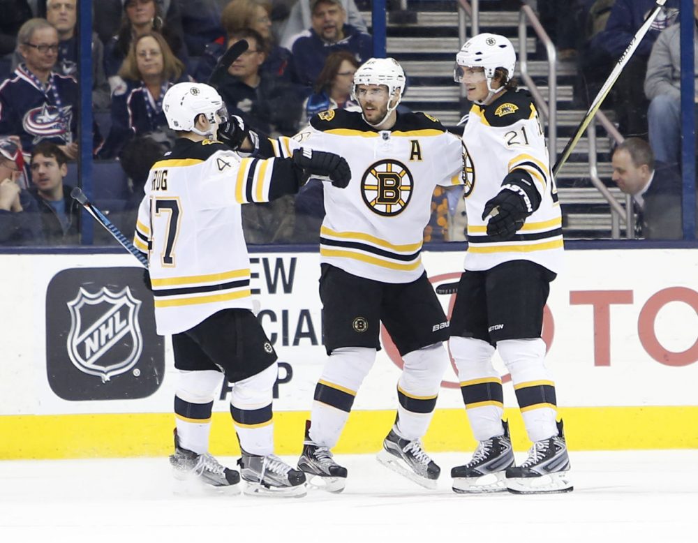 Boston Bruins' Loui Eriksson, right, of Sweden, celebrates his game-winning goal against the Columbus Blue Jackets with teammates Torey Krug, left, and David Krejci, of the Czech Republic, during the overtime period of last night's game in Columbus. (AP/Jay LaPrete)