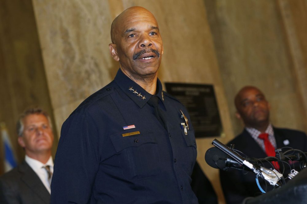 Denver Police Chief Robert White responds to questions during a news conference to announce additional financial enticements for those who know about gang crimes in the Mile High City, Wednesday, May 13, 2015. The Denver Police Department, in partnership with Metro Denver Crime Stoppers, is staging the effort as gang crimes have increased in Denver this year. (David Zalubowski/AP)