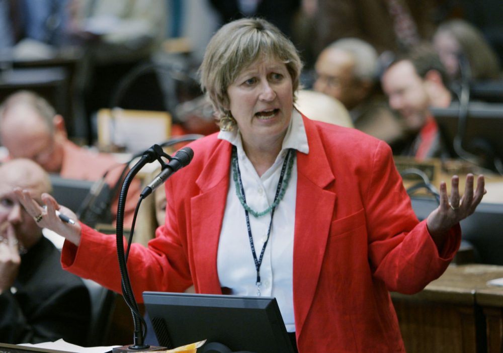 Rep. Mary Lou Marzian, D- Louisville, talks about a bill that would raise the cigarette tax and impose a 6 percent retail sales tax on all alcohol products in Frankfort, Ky., Wednesday, Feb. 11, 2009.  The bill passed the full House.  (AP Photo/Ed Reinke)