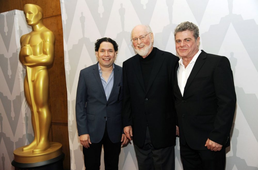 Composers Gustavo Dudamel, left, John Williams, center, and Gustavo Santaolalla pose together at the Academy of Motion Picture Arts and Sciences event &quot;Behind the Score: The Art of the Film Composer.&quot; (Chris Pizzello/Invision/AP)