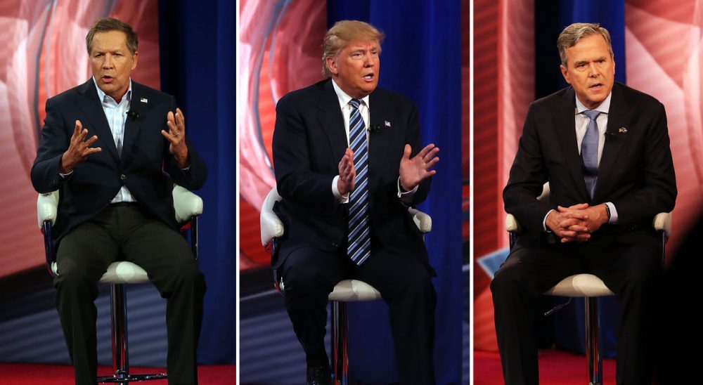 From left, Republican presidential candidates Gov. John Kasich, Donald Trump and Jeb Bush participate in a CNN South Carolina Republican Presidential Town Hall with host Anderson Cooper on February 18, 2016 in Columbia, South Carolina. (Spencer Platt/Getty Images)