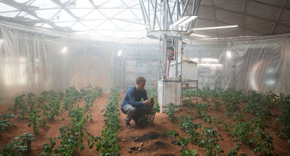 Mark Watney, played my Matt Damon, grows potatoes on Mars in &quot;The Martian.&quot; (Courtesy 20th Century Fox)