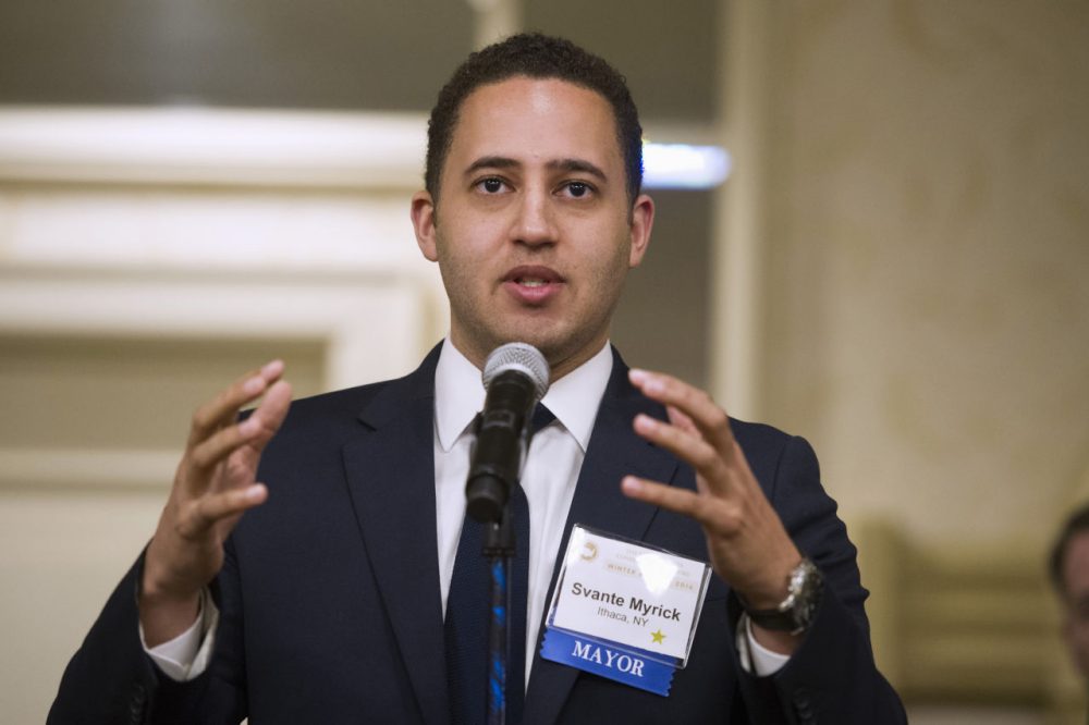 Ithaca, N.Y. Mayor Svante Myrick speaks during at the U.S. Conference of Mayors Winter Meeting in Washington, Jan. 21, 2016. Myrick wants his city to become the first in the U.S. to offer heroin users a safe, controlled place to shoot up. Supervised injection sites, in which a trained medical professional is on hand to deal with overdoses, are already in operation in Europe and Canada, but the idea never gained acceptance in America's law-and-order approach to the war on drugs.(Cliff Owen/AP)