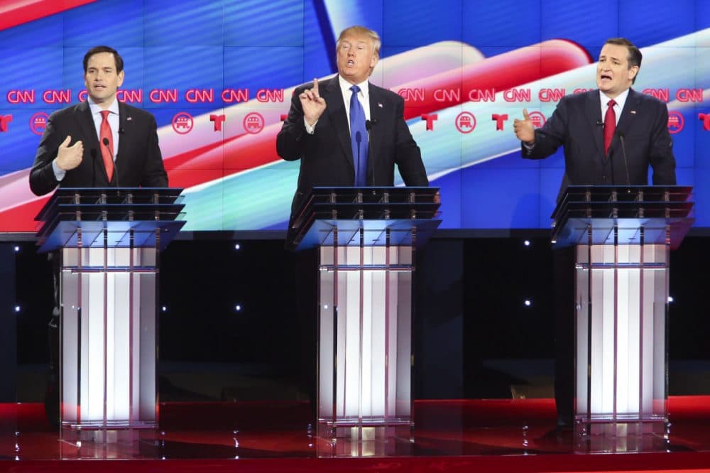 Republican presidential candidates (from left) Sen. Marco Rubio (R-FL), Donald Trump and Sen. Ted Cruz (R-TX) are pictured during the Republican presidential debate at the Moores School of Music at the University of Houston on February 25, 2016 in Houston, Texas. The debate is the last before the March 1 Super Tuesday primaries. (Michael Ciaglo-Pool/Getty Images)