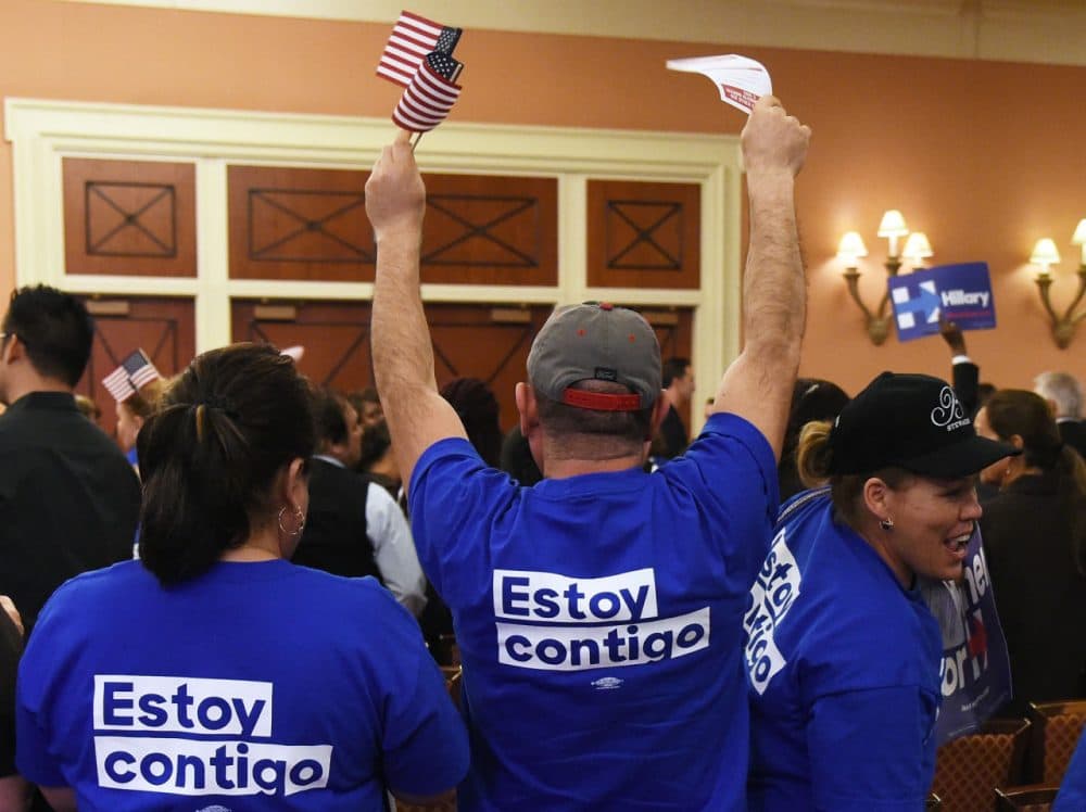 Hispanic Hillary Clinton supporters react during a Democratic caucus at Caesars Palace on February 20, 2016 in Las Vegas, Nevada. (Ethan Miller/Getty Images)