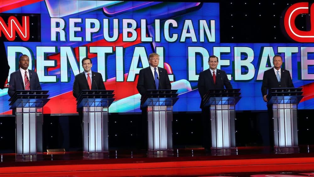 Republican presidential candidates Ben Carson,  Florida Sen. Marco Rubio (R-FL), Donald Trump, Texas Sen. Ted Cruz (R-TX) and Ohio Gov. John Kasich (L-R) stand on stage for the Republican National Committee Presidential Primary Debate at the University of Houston's Moores School of Music Opera House on February 25, 2016 in Houston, Texas. The candidates are meeting for the last  Republican debate before the Super Tuesday primaries on March 1. (Joe Raedle/Getty Images)