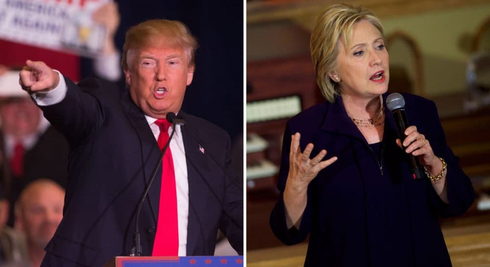 A new WBUR poll shows Republican Donald Trump (left) and Democrat Hillary Clinton are the frontrunners in their respective primaries in Massachusetts. (David Calvert,  Mark Makela/Getty Images)