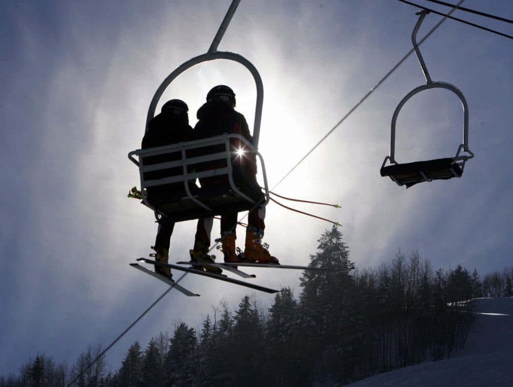 Ski racers take a chair lift up the hill during a free skiing session 08 December, 2005 in Aspen, Colorado.  In cold weather skiers were preparing for the World Cup Super G scheduled for 09 December, 2005 in Aspen.  (Don Emmert/AFP/Getty images)