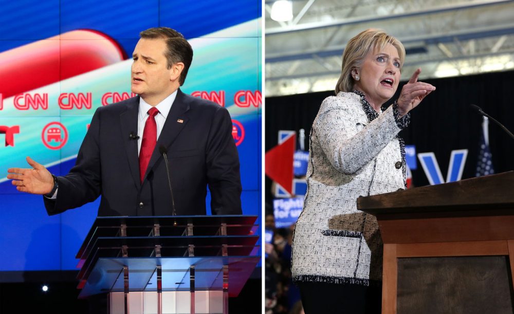Sen. Ted Cruz (R-TX) is pictured at the Republican debate on Feb. 25, 2016, and Hillary Clinton speaks in South Carolina on Feb. 27, 2016. (Michael Ciaglo, Justin Sullivan/Getty Images)