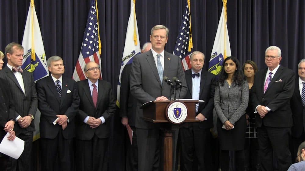 Gov. Baker and health administration officials joined heads of local dental medicine schools Thursday to announce an agreement on new educational standards that introduce training for opioid abuse prevention and management into their core curriculums. (Antonio Caban/SHNS)