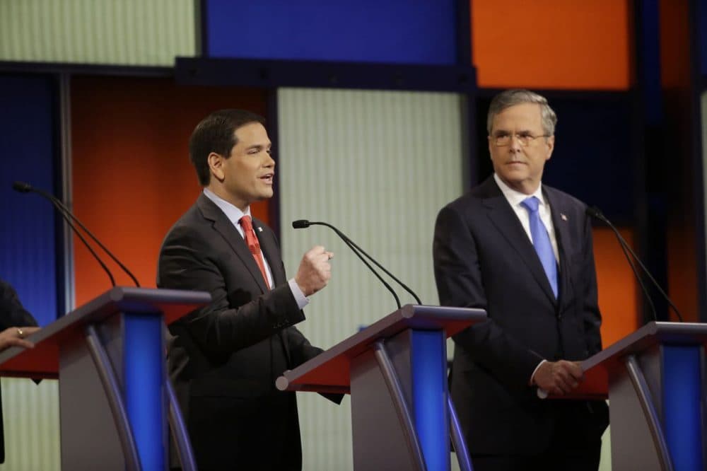 Marco Rubio and Jeb Bush at a GOP debate on Thursday, Jan. 28, 2016 in Des Moines, Iowa. (Chris Carlson/AP)