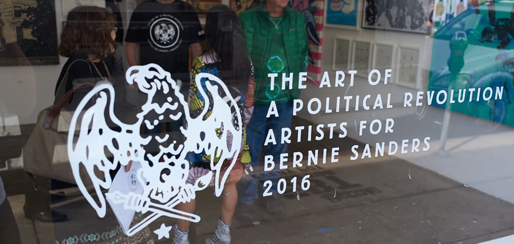 &quot;The Art of a Political Revolution&quot; logo designed by Marin Horikawa of Vermont displayed in the window of Los Angeles’ HVW8 gallery in January. (Mike Selsk/Courtesy Bernie Sanders 2016)