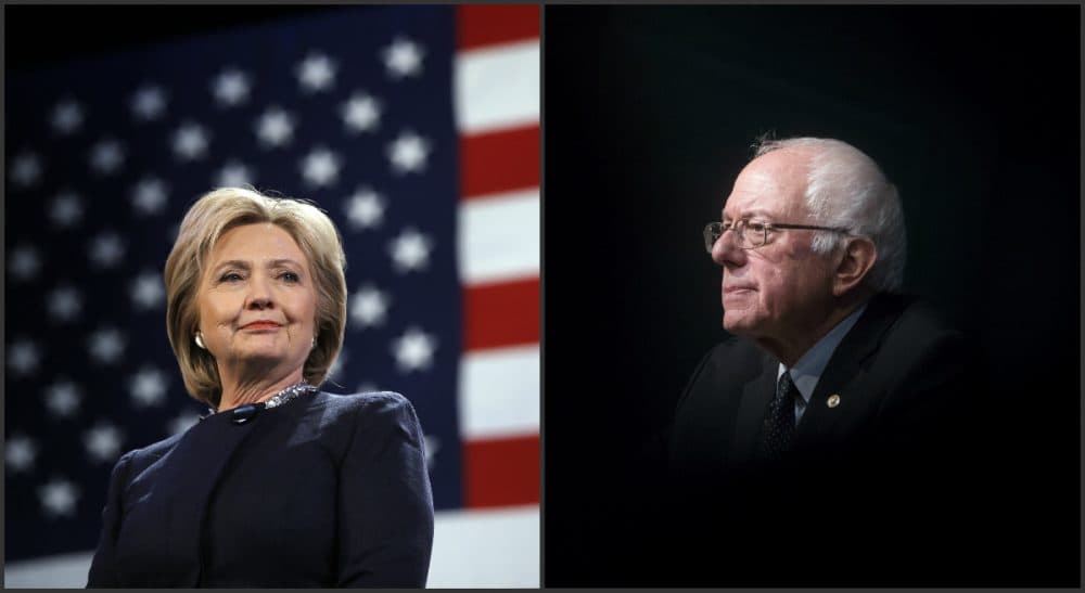 Andrew Carleen: &quot;Sanders has steadfastly opposed military entanglements throughout his time in Congress, while Clinton’s background is littered with support for failed overseas adventures.&quot; Pictured: Democratic presidential candidates Hillary Clinton, left, and Bernie Sanders, right, during campaign stops in New Hampshire in January and February, 2016, respectively. (Matt Rourke and John Minchillo/AP)