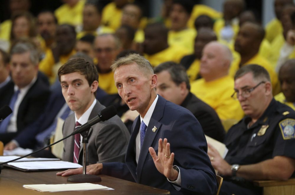 Boston Police Commissioner William Evans testifies during a hearing on the regulation of ride handling companies such as Uber and Lyft on Sept. 15, 2015 at the Statehouse in Boston. (Steven Senne/AP)