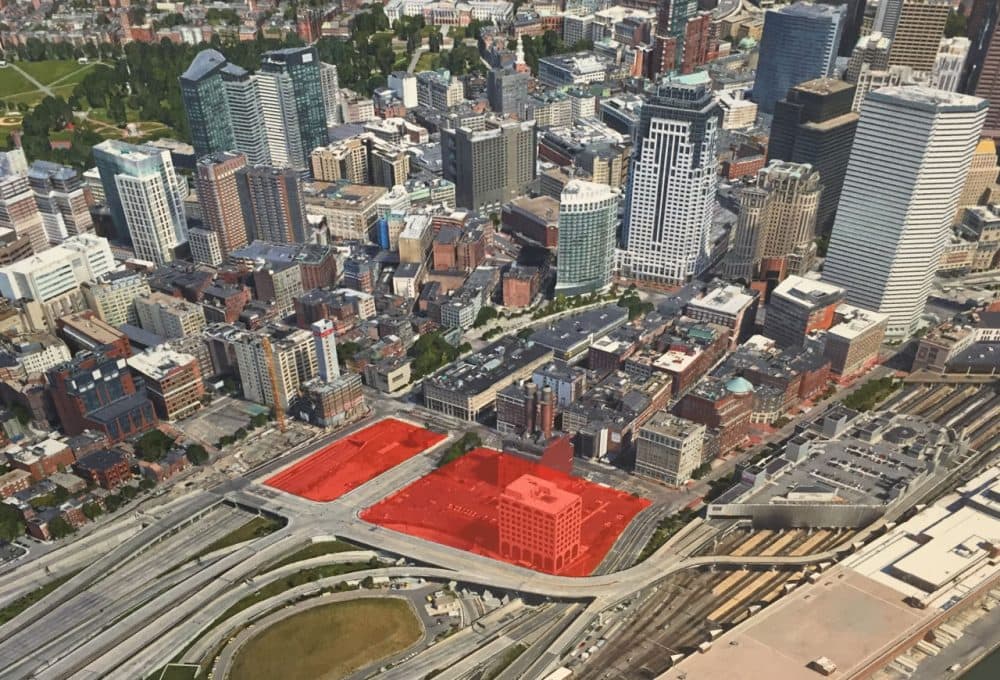 The area in red, on Kneeland Street in Boston, is slated for redevelopment, as a result of the city-state partnership. (Courtesy of the governor's office)