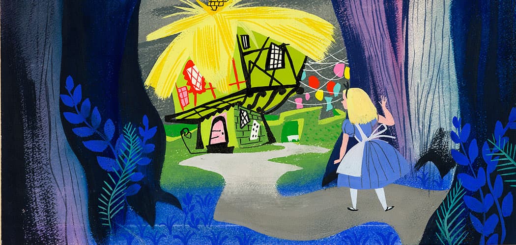 Mary Blair, &quot;Visual development of Alice looking at the White Rabbit’s house&quot; for &quot;Alice in Wonderland,&quot; 1951, gouache on paperboard. (Courtesy Eric Carle Museum of Picture Book Art)