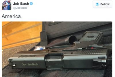 Former Florida Gov. Jeb Bush, a Republican Presidential candidate, tweeted this photo of his personalized gun on Tuesday, February 16, 2016.(Twitter / Jeb Bush Campaign)