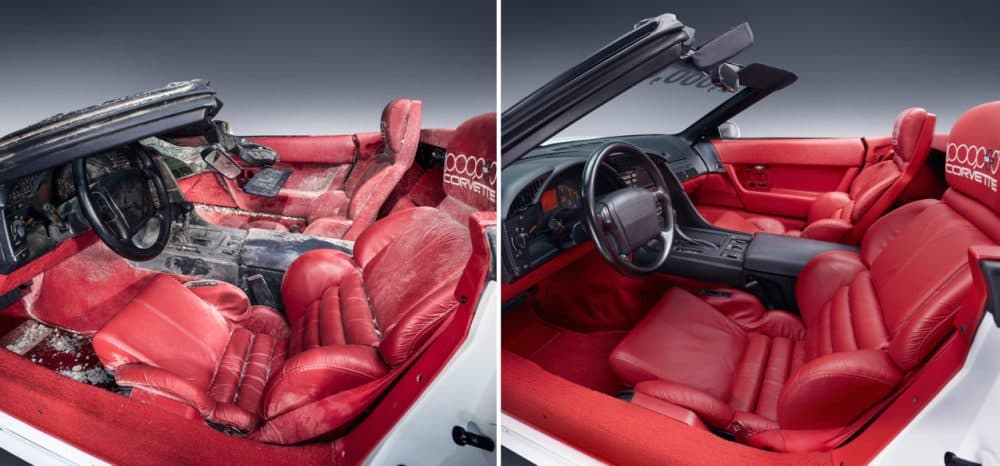 Before and after photos of the interior of the 1 millionth Corvette – a white 1992 convertible. (GM)