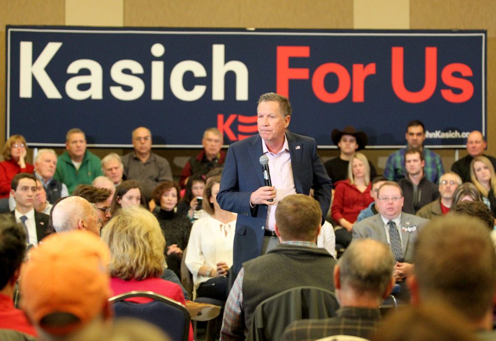 Republican presidential candidate Ohio Gov. John Kasich speaks at a town hall meeting Sunday in Springfield, Mass. (AP Photo/Mary Schwalm)
