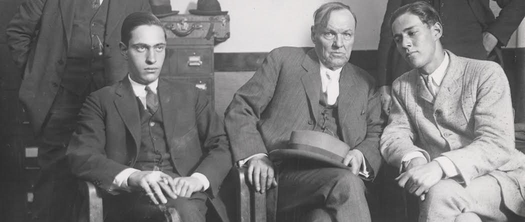 Defense attorney Clarence Darrow (seated center) meets with his clients Nathan Leopold (seated left) and Richard Loeb (seated right) in 1924. (Courtesy Charles Deering McCormick Library of Special Collections, Northwestern University)