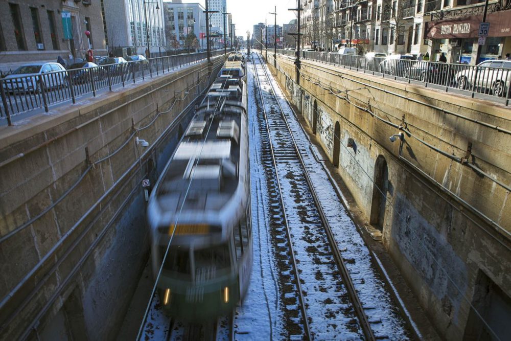 An MBTA Green Line train on Huntington Avenue heads underground. (Jesse Costa/WBUR)