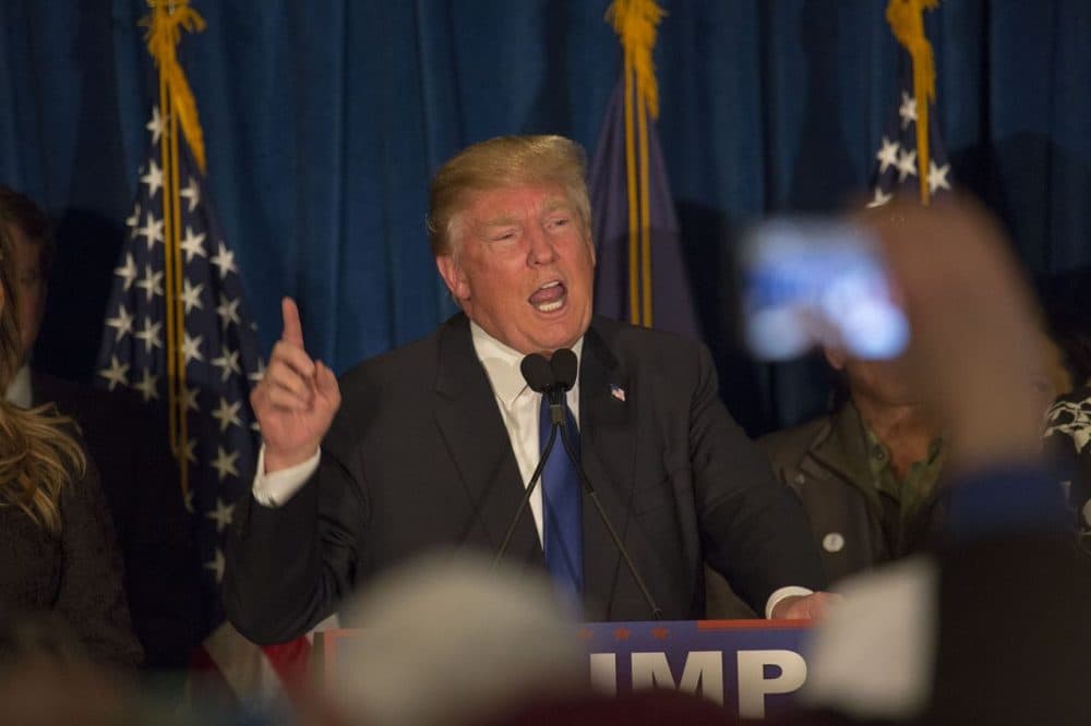 Donald Trump speaking to a rally after winning the New Hampshire primary in February. (Jesse Costa/WBUR)