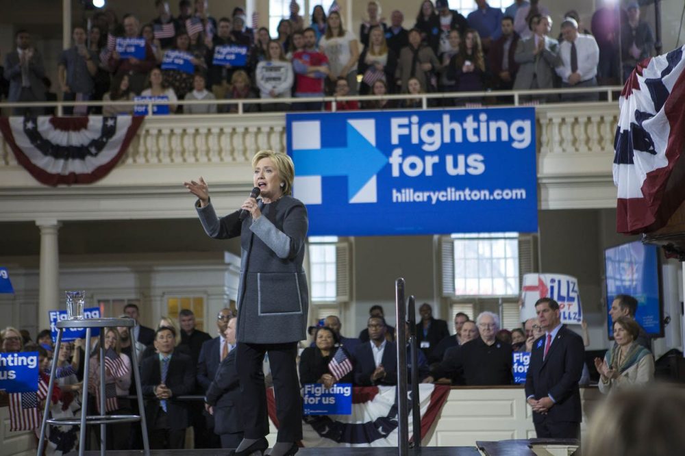 Hillary Clinton campaigns at the Old South Meeting House in Boston on Feb. 29. Boston Mayor Marty Walsh is at right. Clinton won the Massachusetts Democratic primary. (Jesse Costa/WBUR)
